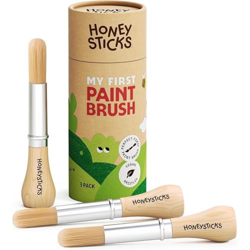 Honeysticks My First Paint Brush Set - 3 Pack: Ideal for Babies and Toddlers. Jumbo Brushes with Chubby Wood Handles for Easy Grip, Vegan. Includes Handy Storage Container