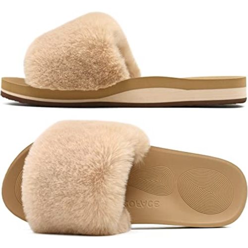 COFACE Womens Slippers with Arch Support Comfy Open Toe Fuzzy Woman House Shoes Plantar Fasciitis Orthotic Ladies Slippers Indoor