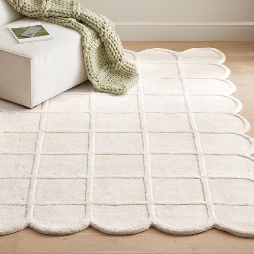 Scallop Shaped Luxury Handmade Wool, Hand-Tufted Premium Area Rug with Non-Slip Natural Cotton Backing for Living Room & Bedroom(Beige,8'x10',)
