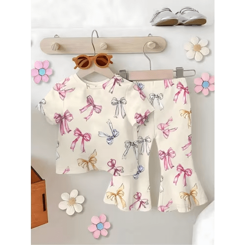 2pcs summer girls newborn set cute bow pattern round neck - Temu Canada