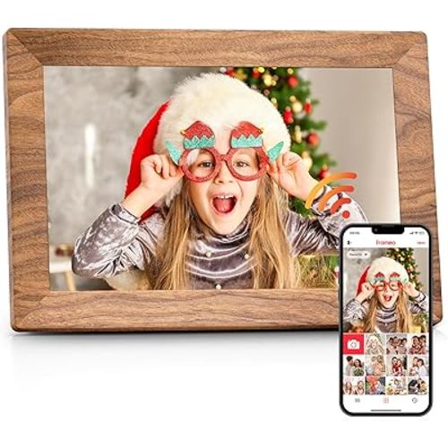 Frameo 10.1" Digital Picture Frame with 32GB Memory WiFi Electronic Photo Frame Wood 1280 x 800 IPS Touch Screen Auto-Rotate Slideshow Wall Mountable Share Photos/Video Remotely Anywhere