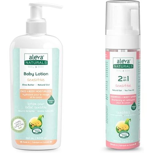 Aleva Naturals Sensitive Skin Baby Care Set for Babies with Dry Skin, 2 in 1 Hair & Body Wash, 200ml & Daily Soothing Moisturizer, 240ml, Clear