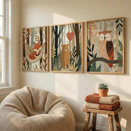 Woodland Animals Framed Wall Art Set - Forest Friends in Warm Tones, Nursery & Kids' Room Decor