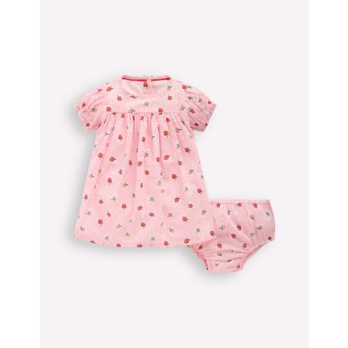 0-3 Month / Gathered Woven Dress-Pink Strawberry Stripe