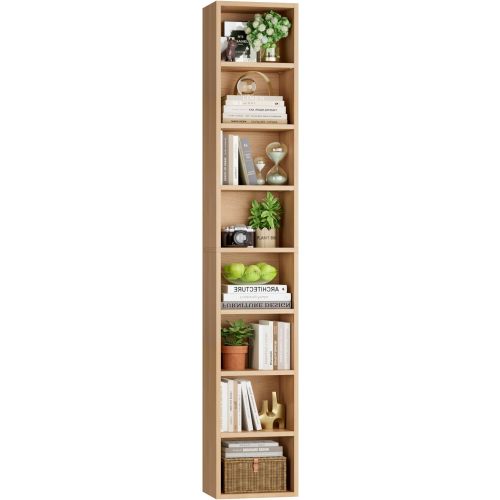 FOTOSOK 8-Tier Media Tower Rack, 11.6 X 9.3 X 71 Inches CD DVD Slim Storage Cabinet with Adjustable Shelves, Tall Narrow Bookcase Display Bookshelf for Home Office, Natural
