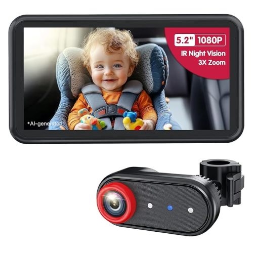 Baby Car Camera 3X Zoom Monitor | 1080P Display & Auto IR Night Vision, Rear-Facing View Mirror, 5.2" Easy Install for Parents & Pet Owners BM2A（Red）