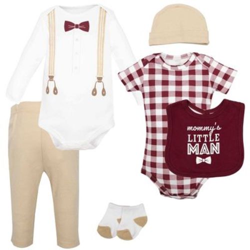 Hudson Baby Infant Boys Cotton Layette Set, Burgundy Tan Suspenders, 3-6 Months