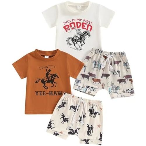 Toddler Boy Summer Clothes, 2 Pcs Cotton Cowboy-Print Outfits Set 0-4T