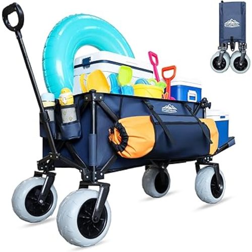 Beach Wagon for Sand with Big All-Terrain 9 * 4" PU Wheels, 200L Large Capacity, 330lbs Heavy Duty Beach Carts, Collapsible Utility Wagon with Extended Tailgate for Beach Camping Outdoors