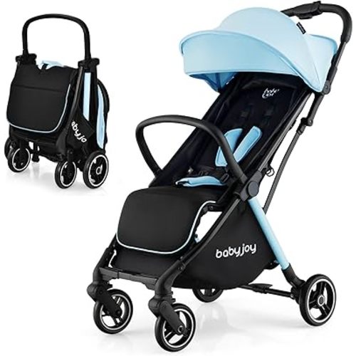 BABY JOY Lightweight Baby Stroller, Compact Travel Stroller for Airplane, Infant Toddler Stroller w/Adjustable Backrest & Canopy, Storage Basket, Self Standing Gravity Fold, Aluminium Frame (Blue)