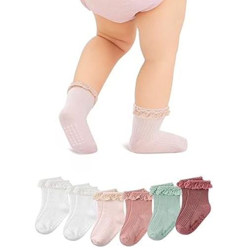 Zando Toddler Girls Non-Slip Ruffle Socks with Grippers Soft Cotton Seamless Ankle Socks for Baby Girls 0-5T