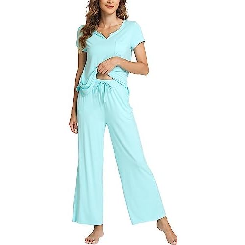 LazyCozy Womens Short Sleeve Pajama Sets - Viscose Made from Bamboo, 2 Piece Lounge Pj Set Sleepwear