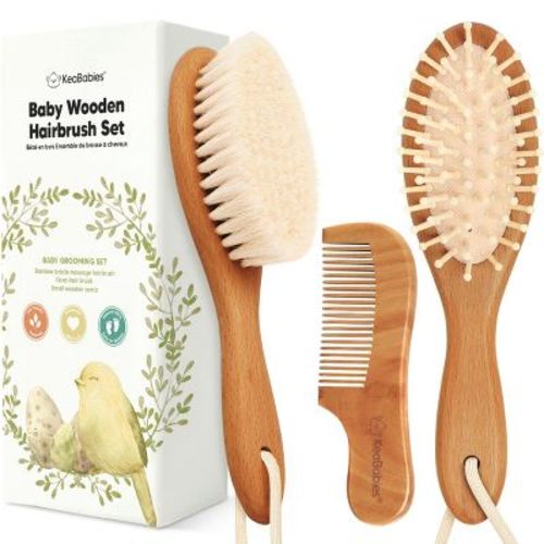 KeaBabies Baby Hair Brush and Comb Set, Oval Wooden Baby Brush Set for Newborns, Infant, Toddler Grooming Kit (Golden Oak, Regular)