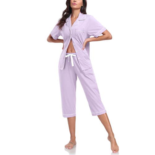 ANLIQI Women's Pajama Sets 100% Cotton Summer Short Sleeve Capri Pajamas for Women Set Button Down Pjs Soft Sleepwear(Light Purple,XL)