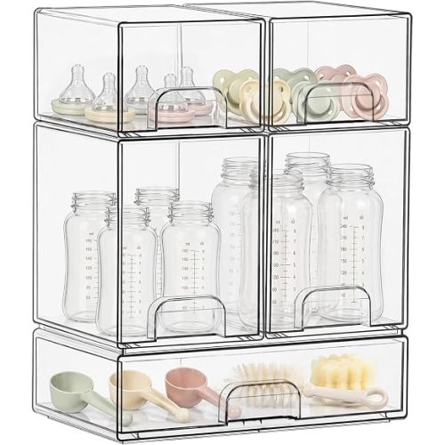 QRRICA Baby Bottle Organizer for Countertop, 5-Piece Stackable Clear Acrylic Storage with Non-Slip Pads & Handles – Large Capacity for Kitchen, Pantry, Bathroom, Vanity, Cabinet