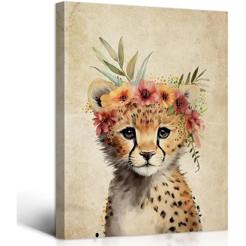 OOLAHLAH Animal Wall Decor Retro Animals Print for Baby Boy Girl,Leopard with Red Flowers Wall Art, Nursery Picture Framed Poster for Kids Nursery Bedroom Living Room Office Home Decor 12"x16"