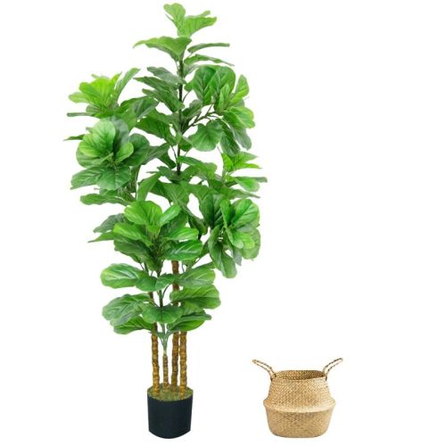 6FT Artificial Fiddle Leaf Fig Tree with Woven Seagrass Plant Basket, Fake Tree Faux Plant Indoor for Living Room Office Home Decor (1 Pack)