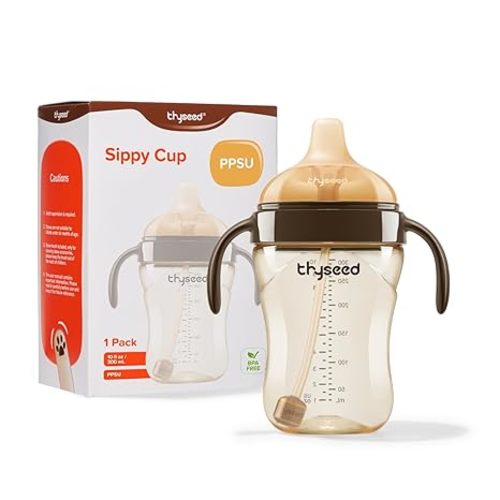 Thyseed Spill-Proof Weighted Straw Sippy Cup, Baby Transition Trainer, Soft Silicone Spout, BPA-Free, 6m+, 10 oz, 1 Pack