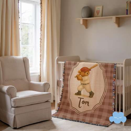 Personalized Vintage Baseball Blanket | Boy Sport Nursery | Baseball Baby Shower Gift | Nursery Decor Baseball | Teddy Bear | Checkered