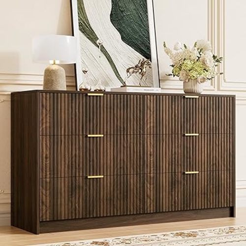 Walnut Dresser for Bedroom, Modern Dresser with 6 Drawers and Smooth Slides, Wide Chest of Drawers with Golden Handles for Bedroom, Living Room, Closet, 15.7" D x 55.1" W x 31.4" H