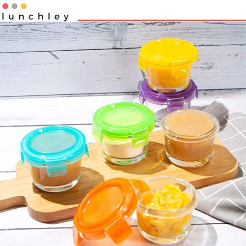 Glass Baby Food Storage Containers with Lids | Set of 12 | 4 oz Glass Food Containers | Freezer Storage | Reusable Small Glass Baby Food Containers | Microwave & Dishwasher Safe | for Infant & Babies - Bright Variety - Set of 12 : 4 Ounce