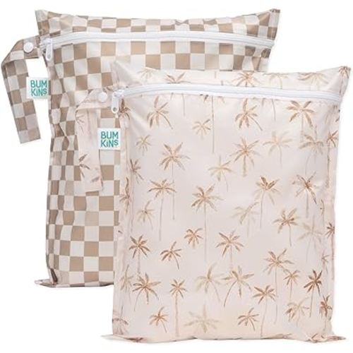 Bumkins Waterproof Wet Bag for Baby, Travel, Swim Suit, Cloth Diapers, Pump Parts, Pool, Gym, Toiletry, Strap to Stroller, Daycare, Zip Reusable Bag, Wetdry Packing Pouch, 2-pk Palm Trees, Sand Check