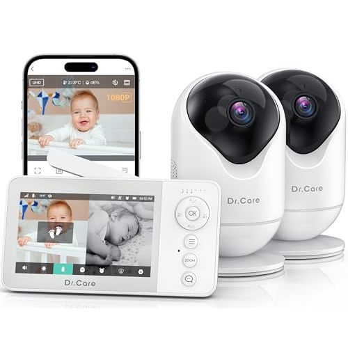 Dr.Care VistaView Lite RB Smart WiFi Baby Monitor with 2 Cameras - 4 720P Split Screen & 1080P Camera App Control, Motion Alerts, 2500mAh Removable Battery, Night Vision, Multi-User, Triple Security