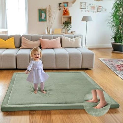 Mallify Ultra Soft 1.3" Thick Baby Play Mat for Floor, Large Velvet 50"x50" Playpen Mat, Baby-Safe & Non-Slip Tummy Time Mat, Crawling Mat for Babies, Toddlers, Infants, Kids, Easy Care, Beige