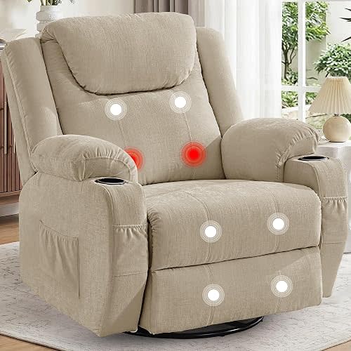 Korser Oversized Recliner Chair, 360° Swivel Recliner for Adults, Swivel Rocker Recliner Chair with Heat & Massage, Manual Recliner with Remote Control & Cup Holders for Living Room, Khaki, Chenille