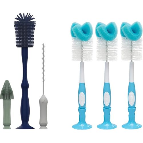 Dr. Brown's Silicone Cleaning Brush Set with Bottle, Spout, and Straw Brush, 3-Pack + Baby Bottle Sponge Brush, Blue, 3-Pack