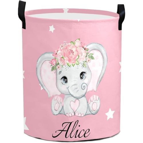 Personalized Large Laundry Basket, Folding Laundry Basket With Handle Storage Dirty Clothes Basket Baby Hamper for Nursery Room Laundry Room(Pink Elephant)