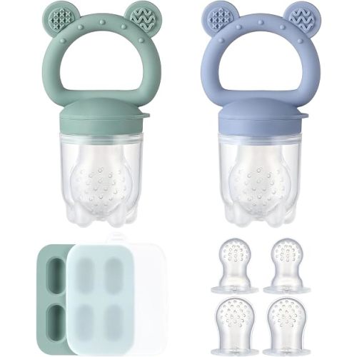 2 Pack Silicone Baby Fruit Feeder with Mini Freezer Tray, Breastmilk Popsicle Molds for Baby Teething Relief, Fresh Food Feeder for Safe Infant Self Feeding, Extra Food Pouches