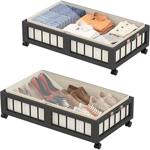 2-Pack Bamboo Under Bed Storage with Wheels, Rolling UnderBed Storage Basket with Large Dust Bag, Under Bed Storage Containers for Bedroom, Dorm and Basement, Black