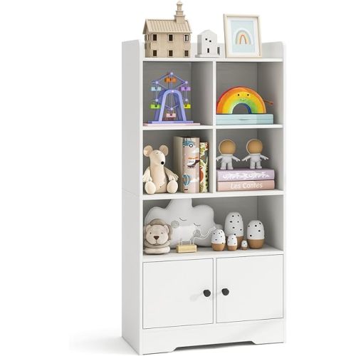 Costzon Kids Toy Storage Cabinet, 47.5" Tall Bookcase w/ 5 Open Compartments & 2 Doors, Multifunctional Display Shelf Home Organizer for Playroom, Nursery, Bedroom, Living Room, Study (White)