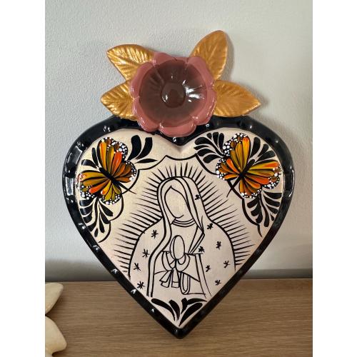 Ceramic- corazón con flor, monarca y Virgen de Guadalupe /hand made and hand painted/ Virgen de Guadalupe/ Talavera/ Monarc butterfly