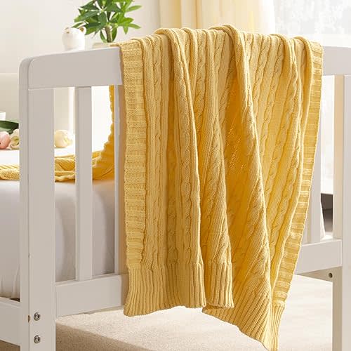 NTBAY 100% Pure Cotton Cable Knit Toddler Blanket, Super Soft Warm Breathable 30x40 Baby Blanket for Crib, Stroller, Nursery, Travel, Newborn, 30x40 Inches, Yellow
