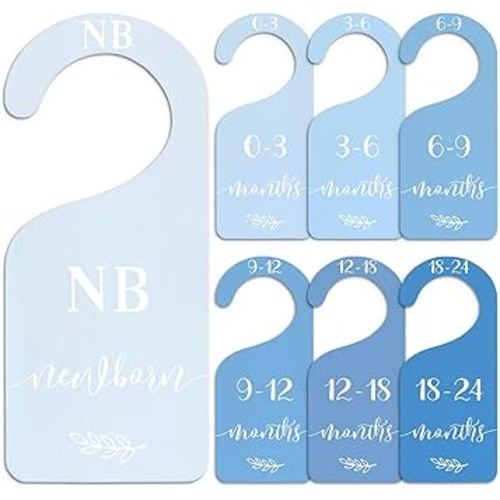 Whaline 7Pcs Blue Wood Baby Closet Size Dividers with Velvet Bag Newborn to 24 Month Thicken Infant Wardrobe Hanger Organizers for Home Nursery Party Favors Supplies