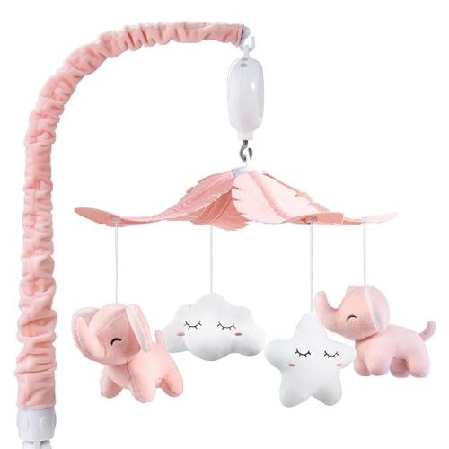 FEISIKE Crib Mobile for Girls Baby Mobiles with 3 Modes Digital Music Box（Turn Only, Music Only, Turn & Music, 35 Lullabies, Pink Elephant Nursery Mobile, Clamp Type, Pretty Box Packaging