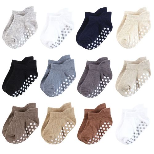 Hudson Baby Unisex Non-Skid No-Show Socks, Navy Neutrals, 6-12 Months