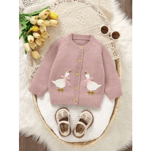SHEIN Cute Pink Baby Girl Cardigan: Round Neck Long Sleeve Duck Embroidery Fashion Jacket Pink Baby Girl Cardigan Baby Girl Sweater With Geese Baby Girl Cardigan Sweater Baby Girl Duck Sweater Baby Girl Goose Sweater Goose Baby Cardigan Fall Winter Baby G