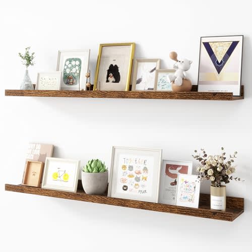 Acovy Picture Ledge Shelf, Wood Floating Shelves Set of 2, 36 inch Picture Ledge Shelves, Photo Ledge Nursery Book Shelves Wall Mounted for Living Room Kids' Room Bedroom, Color Brown