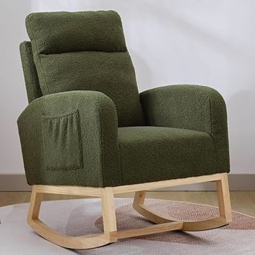 Nursery Rocking Chair with Solid Wood Legs, Glider Chair for Nursery with Side Pocket, Rocker Armchair for Living Room Bedroom (Dark Green, Teddy Fabric)