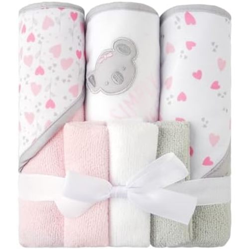 Viviland Baby Towels and Baby Wash Cloths Set Hooded Baby Towels Baby Wipes Absorbent Bath Face Towels Burp Cloths or Face Towels for Girl Boy 6-Pack Size 28 x 28 Inch(Pink Koala)
