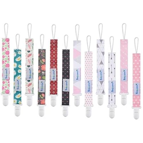 Smlpuame Pacifier Clip Girl,12 Pack Stylish Binky Clips Strap for Baby Girls,Paci Holder with Clip Lightweight Universal Fits Most Pacifiers Teether Toy Teething Ring Soothie,Baby Gifts