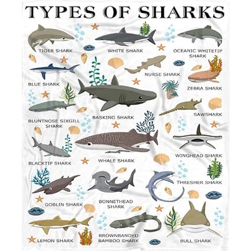 Shark Blanket Gifts for Kids Boys Girls Shark Lovers Types of Sharks Plush Cozy Flannel Cute Animal Educational Throw Sheet 50" X 40" Decor for Couch Daycare Nap Birthday Decorations Bedroom