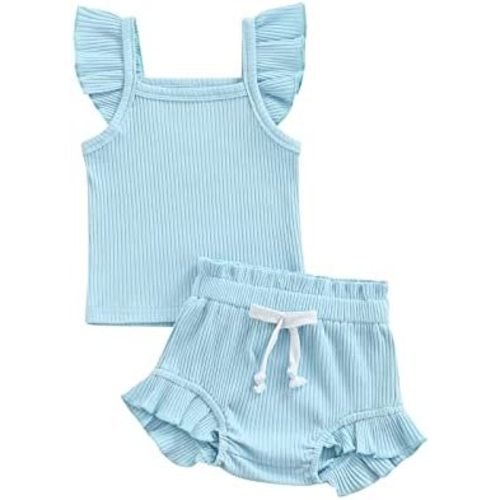 Newborn Baby Girl Outfits Ruffle Sleeveless Ribbed Shirt Tops Bloomer Shorts 2Pcs Set Summer Wear Clothes