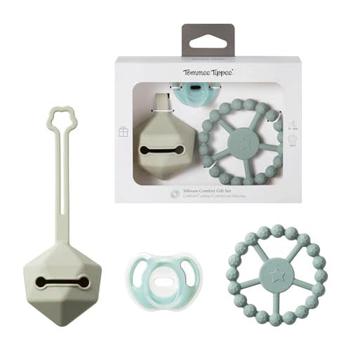 Tommee Tippee Silicone Comfort Gift Set, Ultra-Light Pacifier 0-6m, Carry Case Hold 2 Pacifiers, Teething Ring 3m+