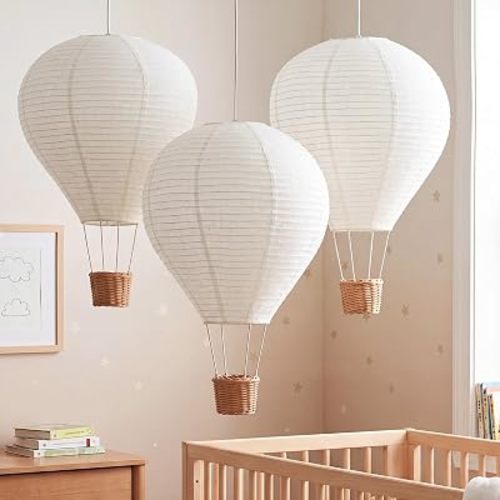 Baquler 3 Pcs 14 Inch Hot Air Balloon Lampshade Hanging Hot Air Balloon Decorations White Linen Fabric Decorative Lamp Shades for Nursery Kids Living Room Baby Shower Party Decor, Pendant Shades Only