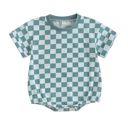 Karuedoo Newborn Baby Boy Girl Clothes Checkered T-Shirt Bubble Romper Oversized Short Sleeve Onesie One-Piece Summer Outfit