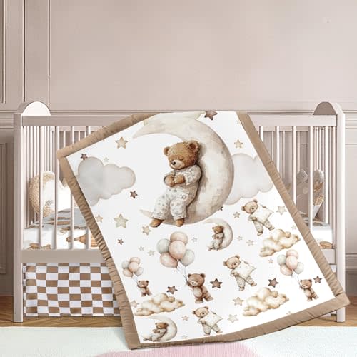 Hosuly 3 Pcs Bear Crib Bedding Set Nursery,Brown,Teddy Bear | Includes Quilt Fitted Sheet Skirt, for Boy Girl, Unisex Baby Nursery Room Set Standard Infant Bed